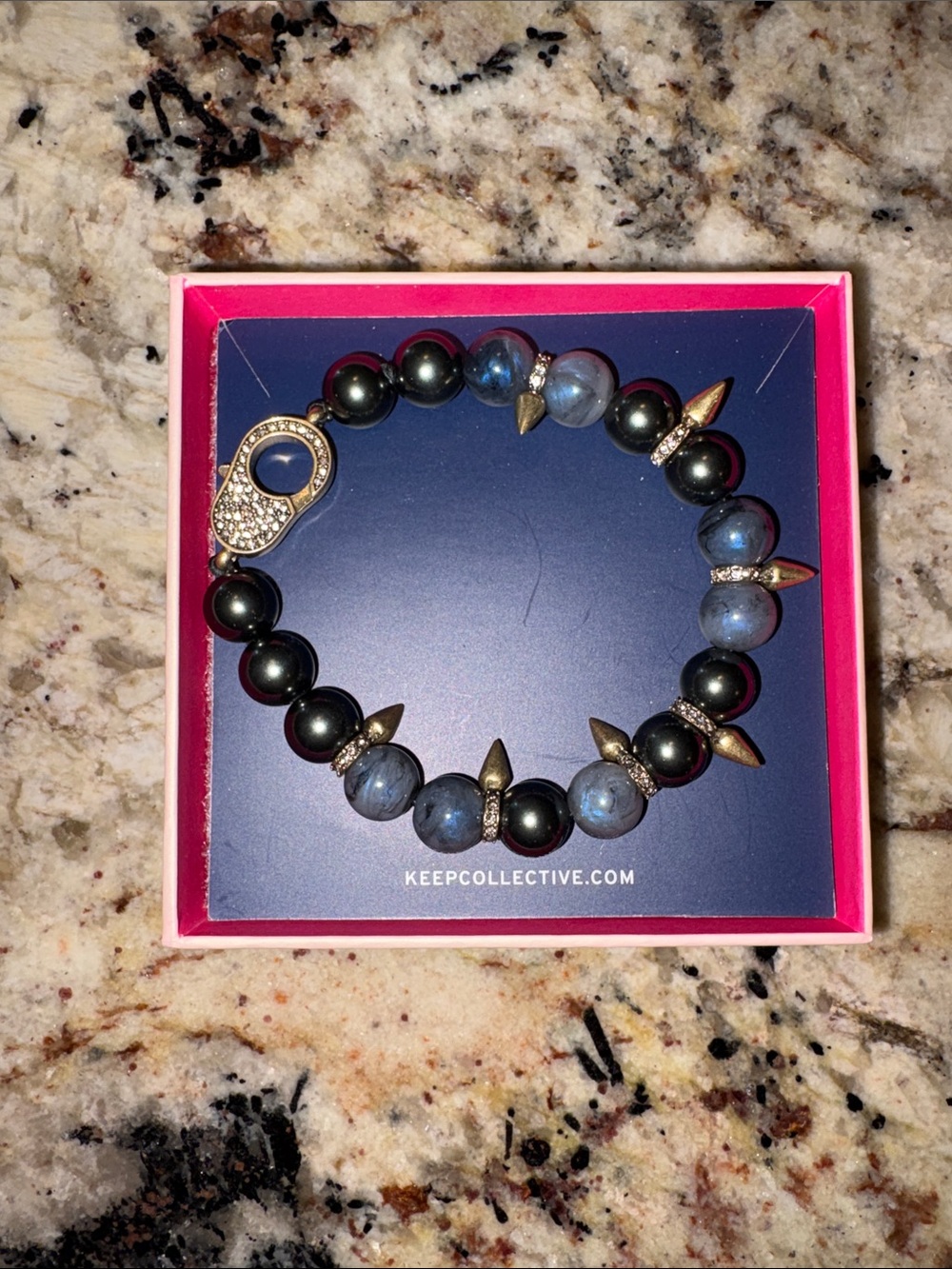 Stella & Dot Blue and Black Beaded Spike Bracelet with Gold Accents